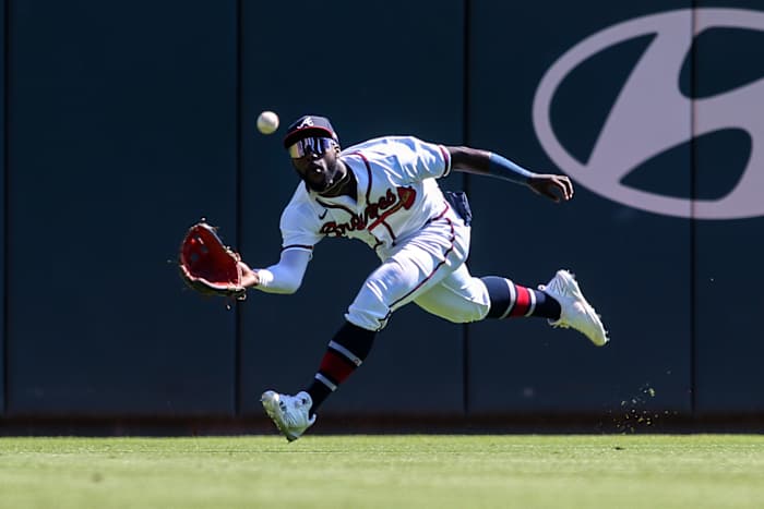 Sep 21, 2022; Atlanta, Georgia, USA; Atlanta Braves center fielder Michael Harris II (23) catches a fly ball against the Washington Nationals in the ninth inning at Truist Park.